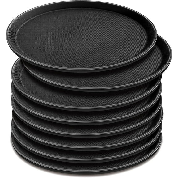 8 Pcs 16 Inch Round Serving Trays Restaurant Serving Trays Plastic Food Drink Serving Tray Non Slip Rubber Lined Black Serving Tray for Party Bar Restaurant Cocktail Cafeteria