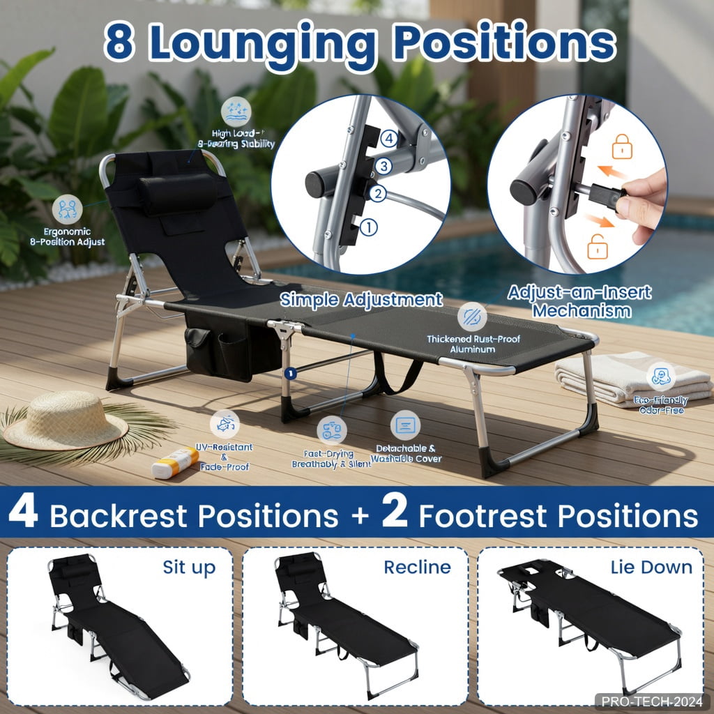 Hommoo Foldable Tanning Chair with Face & Arm Holes, Lightweight Portable Beach Chair for Pool, Patio, and Outdoor Use, Black