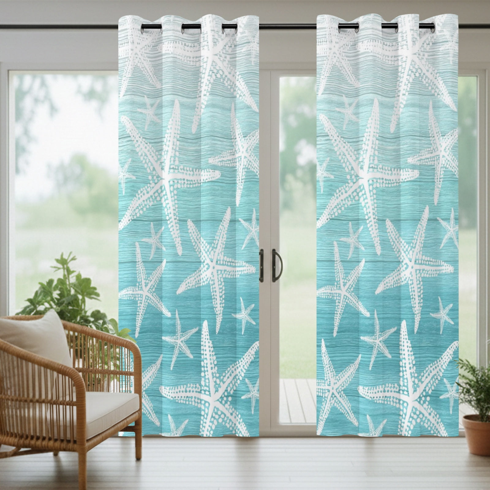 Coastal Teal Starfish Outdoor Curtains for Patio, Nautical Ocean Summer Minimalist Gradient Sunshade Privacy Drapes Grommet Waterproof Outside Curtains for Porch/Cabana/Balcony 54"x 108", 1 Panel