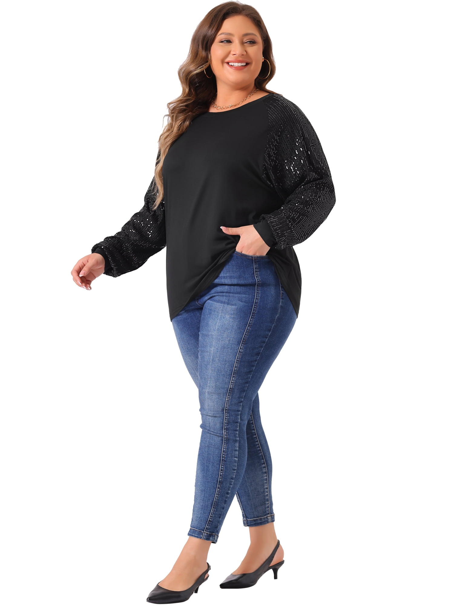 DARING DIVA Women's Plus Long Sleeve Shimmer Glitter Blouse 3X Black