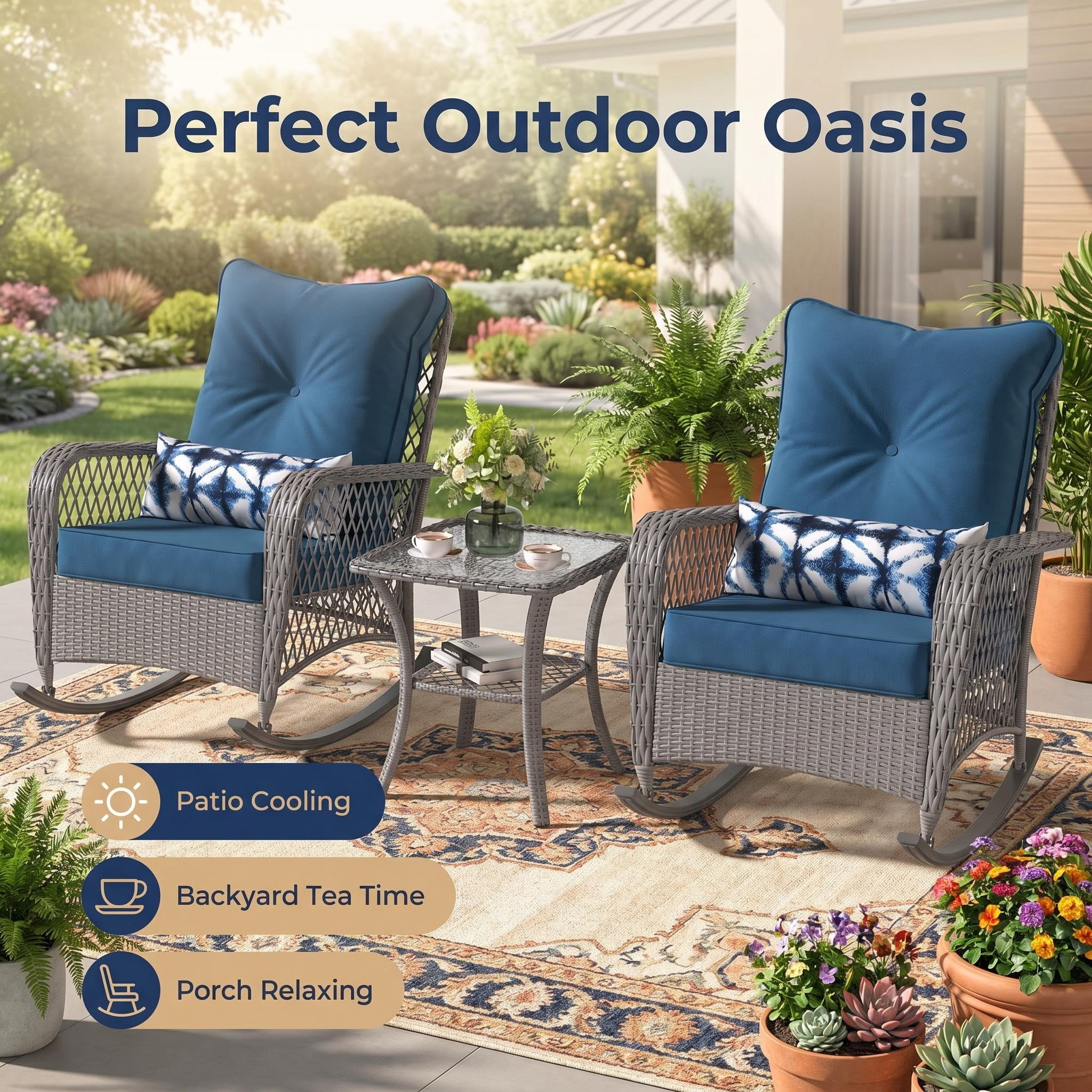 UDPATIO 3 Piece Patio Set Rocking, Rattan Outdoor Rocking Patio Bistro Set with 2 Rockers and 1 Side Table with 4‘’ Thick Cushions for Backyard, Porch, Balcony, Poolside(Blue)
