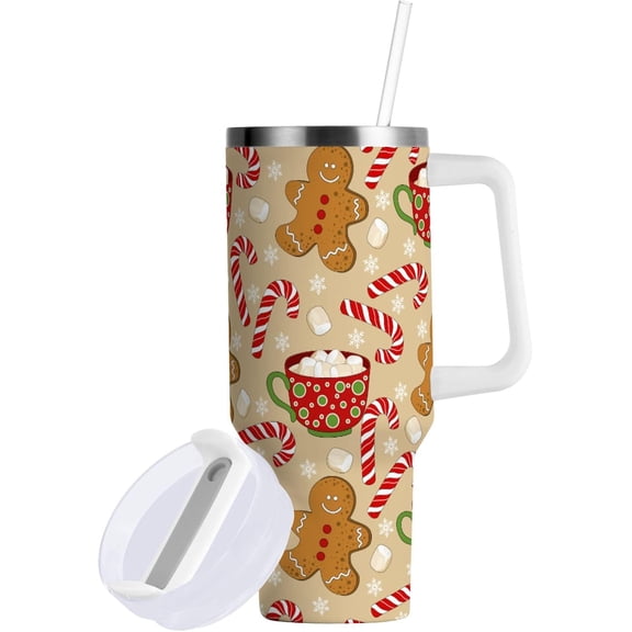 Christmas Tumbler with Handle and Straw Gingerbread Snowflake Candy Coffee Mug Water Bottle Travel Cup 30 oz