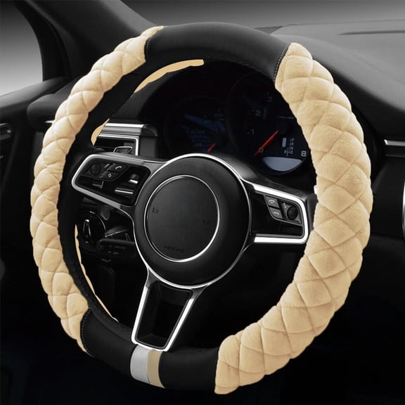 Universal 15 Inches Car Steering Wheel Cover Fluffy Winter Plush Steering Wheel Cover, Beige