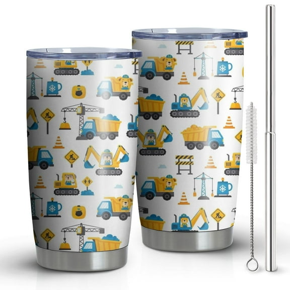 20oz Tumblers Cartoon Construction Vehicles Safety Signs Stainless Steel Vacuum Insulated Double Wall Travel Tumbler Cups Mug with Lid and Straw,Cleaning Brush for Cold & Hot Drinks