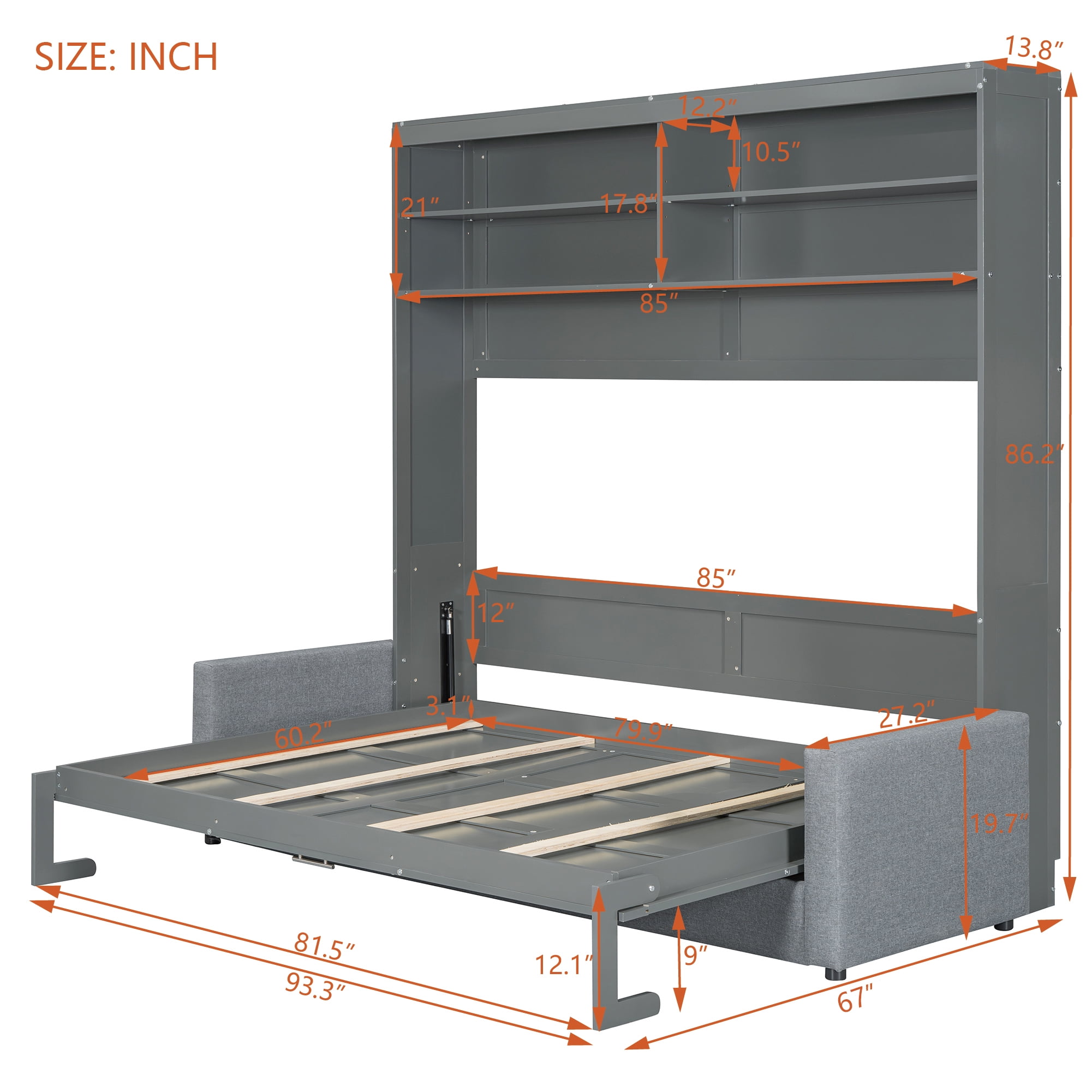 Queen Size Murphy Bed with Sofa and Open Storage Adjustable Shelves for Small Space, Guest Room