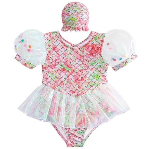 SUEE Toddler Girl Mermaid One Piece Swimsuit Swimwear Bathing Suit with Swim Hat
