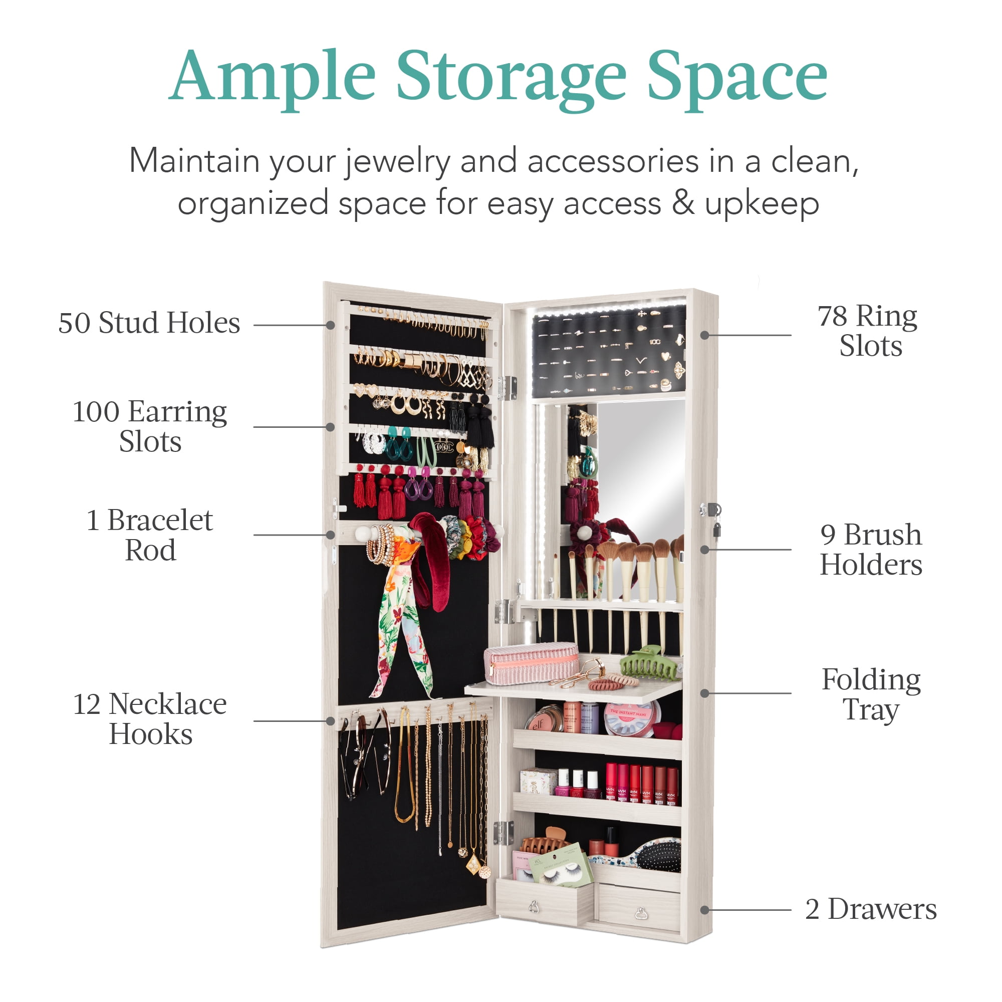 Best Choice Products Hanging Mirror Jewelry Armoire, Door or Wall Mounted Cabinet w/ LED Lights, Lock - Coastal White