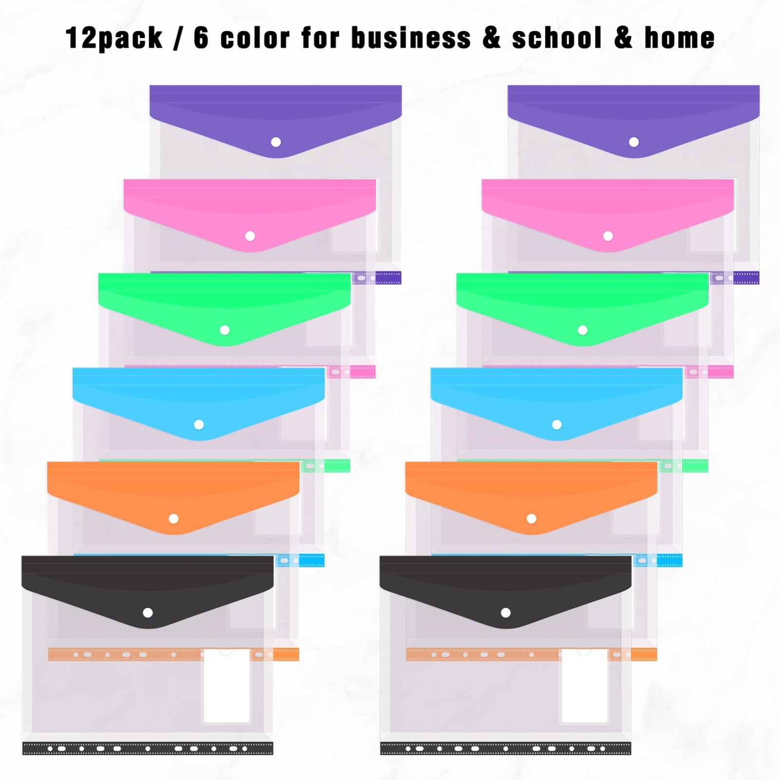 12 Pcs Binder Pocket,Heavy-Duty Transparent Plastic Envelopes Binder Folders,11 Holes Expandable Binder Folders,Loose-Leaf Document Pouch with Snap Button & Label Pocket,Binder Dividers,Mixed 12PCS