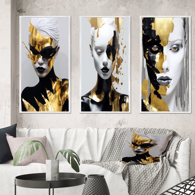 Designart "Exquisite Gold Young Woman Glam Portrait XII" Fashion Woman Framed Wall Art Set Of 3 - Gold Glam Frame Gallery Wall Set For Home Decor