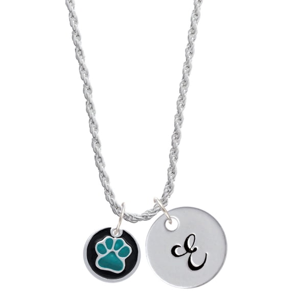 Delight Jewelry Silvertone Teal Paw on Black Disc Silvertone Script Initial Disc - E - Charm Necklace, 20"+3"