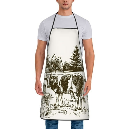 

Xecao Cows Grazing On The Meadow Print Funny BBQ Chef Aprons for Men Women Adjustable Kitchen Cooking Aprons with Pocket Waterproof Oil Proof No Pilling Fading