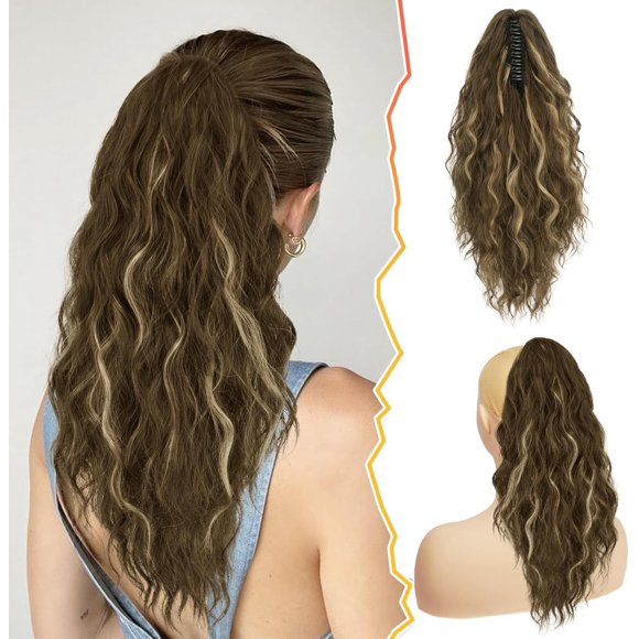 shiyou-Highlight Ponytail Extension - 18 Inch Claw Clip Ponytail Extensions for Women - Curly Wavy Multi Layered Synthetic Clip in Pony Tail Hairpieces Daily - Brown with Highlights