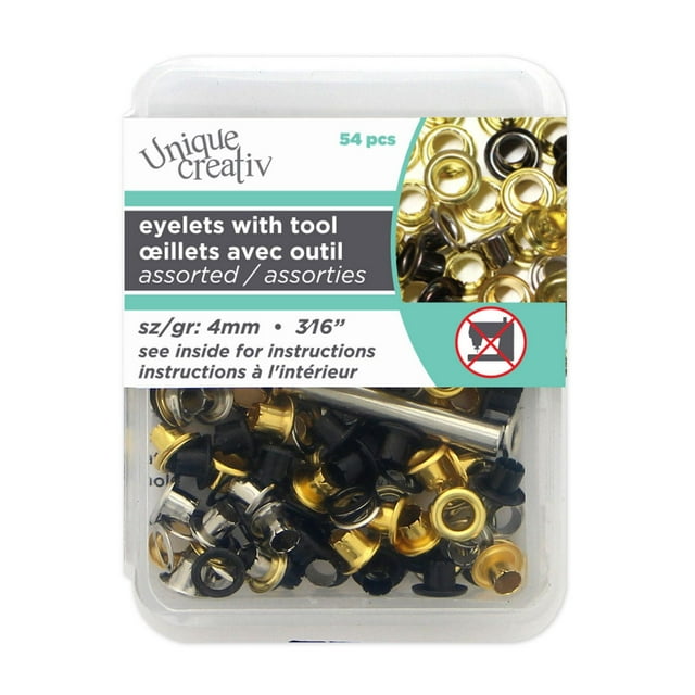 UNIQUE Creativ Œillets 4 mm avec outils — couleurs assorties, 54 unités