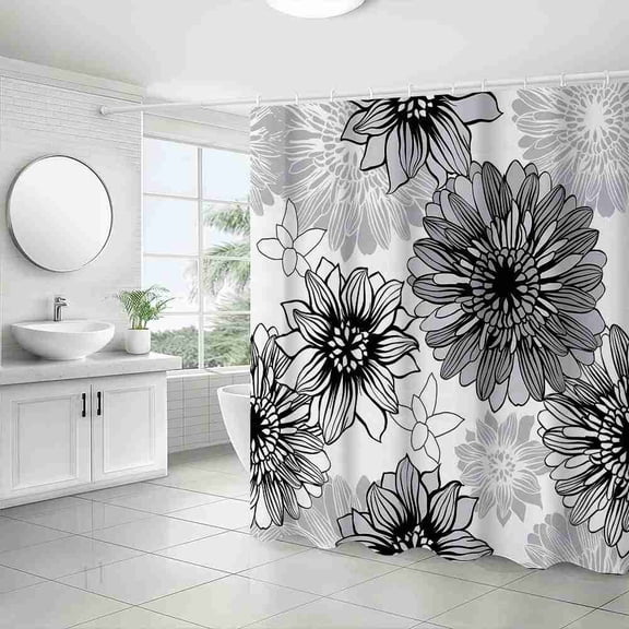 70x70 inch Black and White Line Art Floral Shower Curtain, Waterproof Polyester Fabric with Hooks for Bathroom Decor
