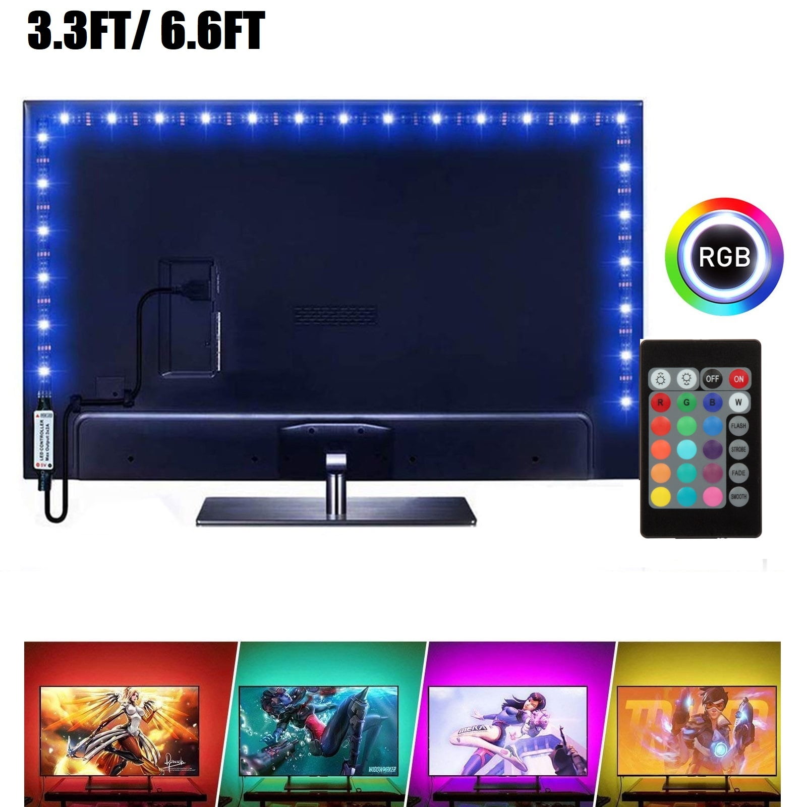 Gaming Computer Desk LED Lights Backlight Kit 5V Strip TV Back HDTV Desktop 3ft 