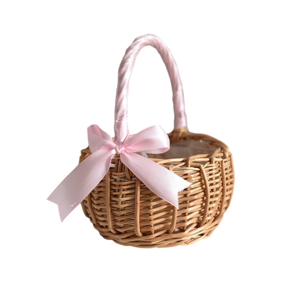 Naiovety Cesta de mimbre con flores de ratán, nudo de lazo, tejido a mano con asa de aro, cesto de huevos, dulces, almacenamiento de jardín Almacenamiento y organización del hogar Rosa S