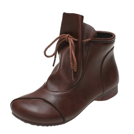 

Fashion Autumn Women Ankle Boots Low Heel Flat Soft Round Toe Lace Up Solid Color Comfortable Casual Style