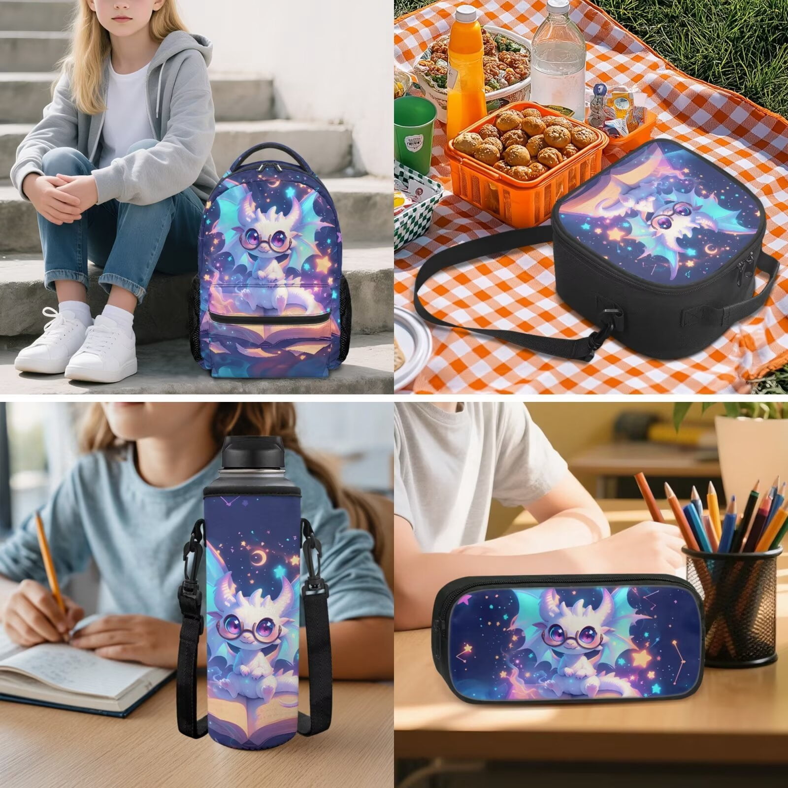 Pzuqiu Galaxy Cute Dragon Backpack for Girls 5 Piece School Bookbag with Lunch Bag Lightweight School Bag for Girls 10-12 Elementary Backpack with Water Bottle Bag Pencil Box