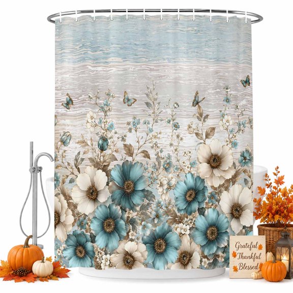 Teal Tulips Spring Shower Curtain, Waterproof Shower Curtains for Bathroom, Garden Floral Butterflies Blue Grey Washable Fabric Bathtub Curtain Set Bath Decor with 12 Hooks Extra Long 72"x96"