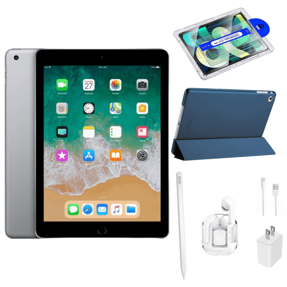 Restored Apple iPad 6 Bundle - 9.7" 32GB Space Gray (Wi-Fi) - Magnetic Smart Case, Wireless Earbuds, Stylus, Screen Protector, and Charger Included (Refurbished)
