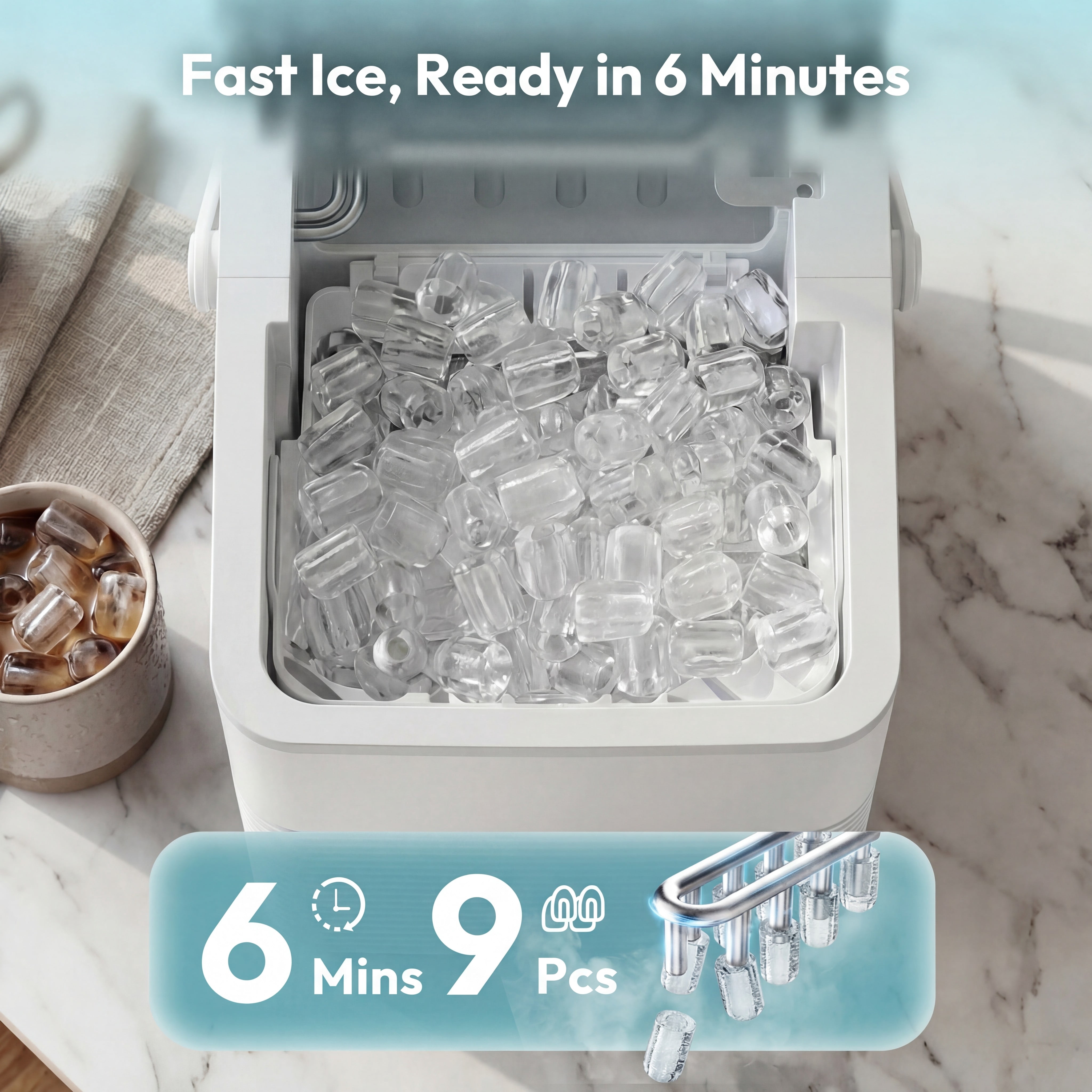 EUHOMY Countertop Ice Maker, 26 lbs/Day Portable Bullet Ice Machine, Self-Cleaning, Compact Design, White