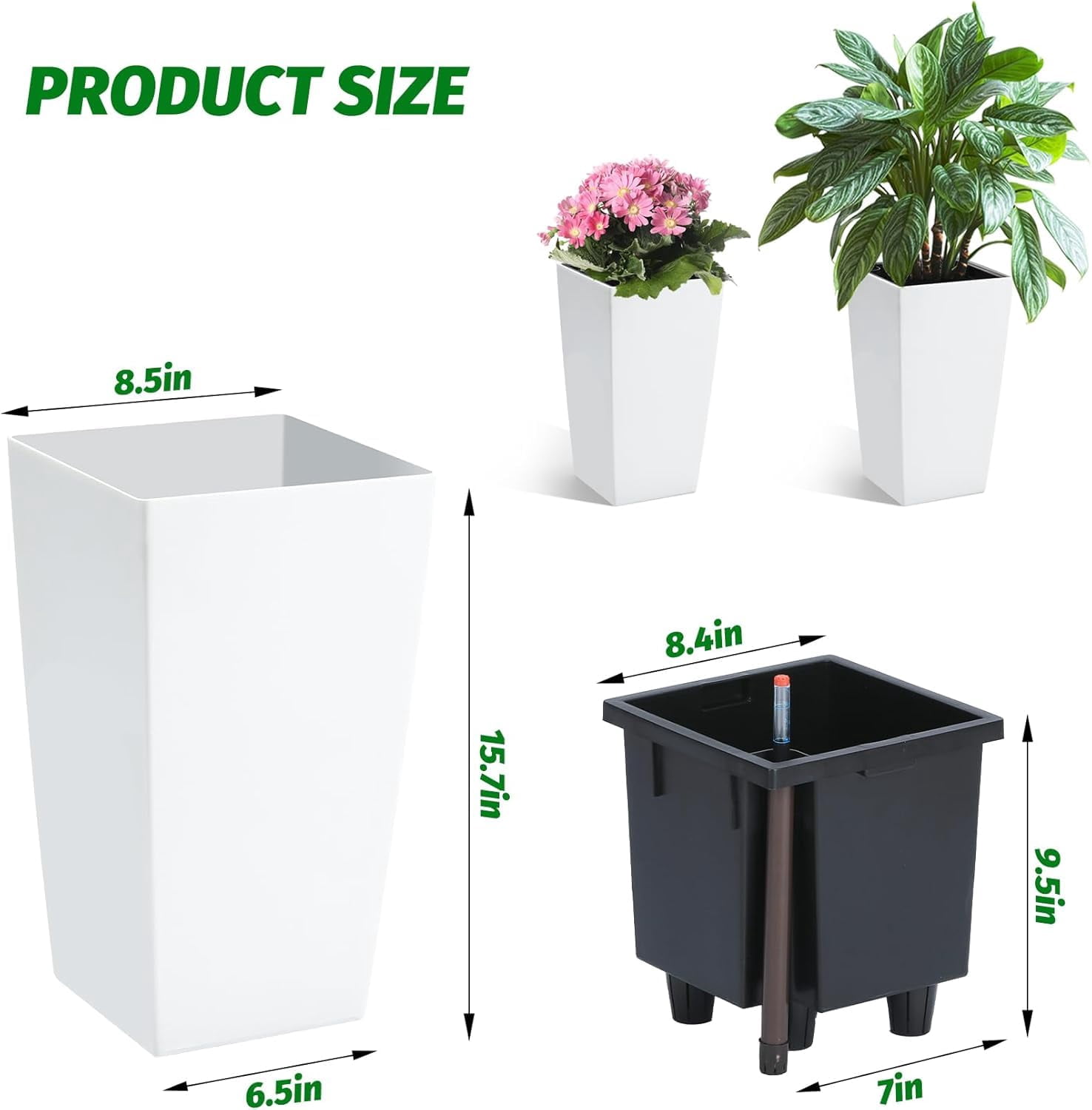 Garvee 16" Tall Self-Watering Planter Pots, Set of 4, Outdoor & Indoor Planters with Water Level Monitor and Drainage Holes, White