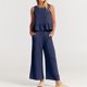 thumbnail image 1 of Trajes De Verano De 2 Piezas Conjunto de pantalones de algodón de 2 piezas sin espalda para mujer, ropa diaria de pierna ancha (azul oscuro XXL) Cgtredaw Para estrenar, 1 of 1