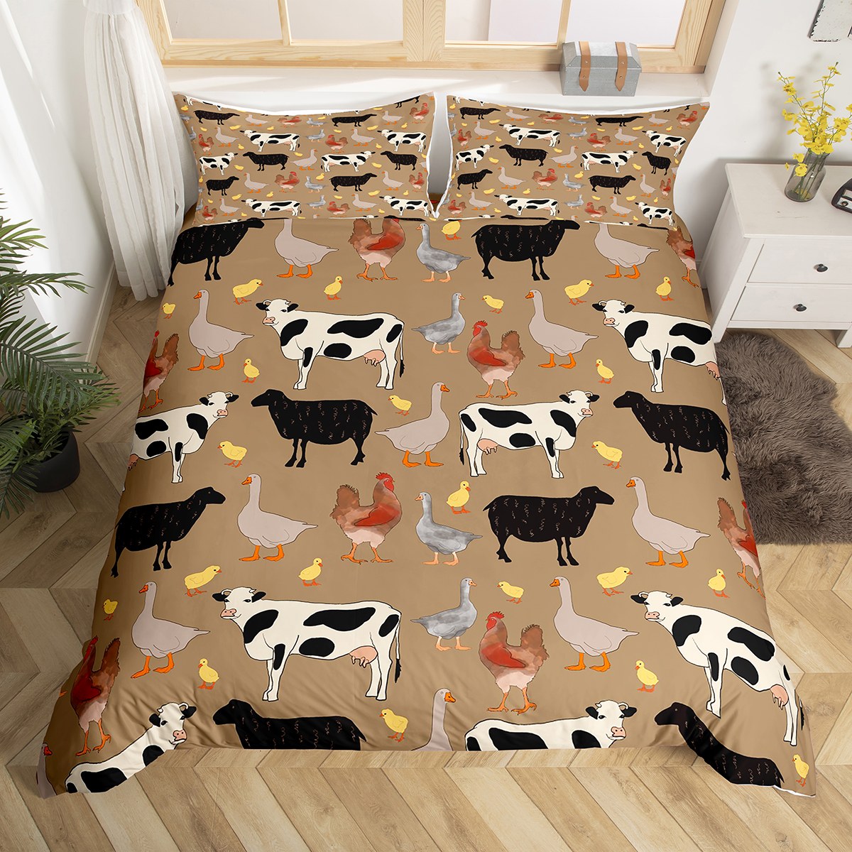 YST Cow Print Duvet Cover for Kids Boys Girls,Farm Rooster Chick