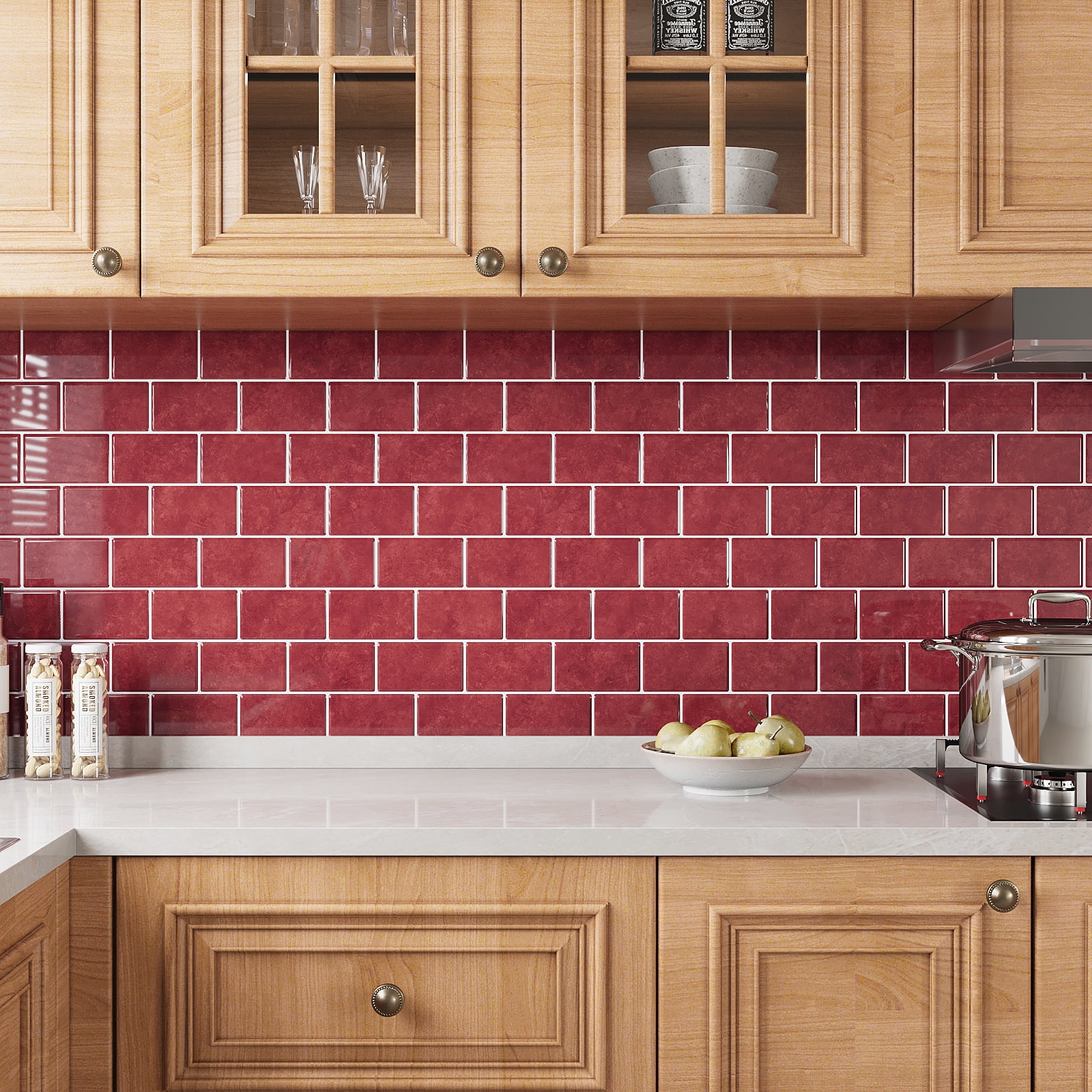 VEELIKE Red Peel and Stick Backsplash Waterproof Subway Kitchen Backsplash Red Peel and Stick 12''x12'' Tile 6 Sheets Removable Renter Friendly Backsplash Stick on Tiles for Kitchen Wall Bathroom