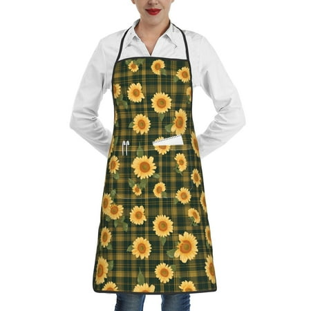 

Matuu Black Ink Green Plaid Sunflower for Adjustable Cooking Aprons for Women with Pockets Kitchen Aprons for Men Water and Oil Resistant