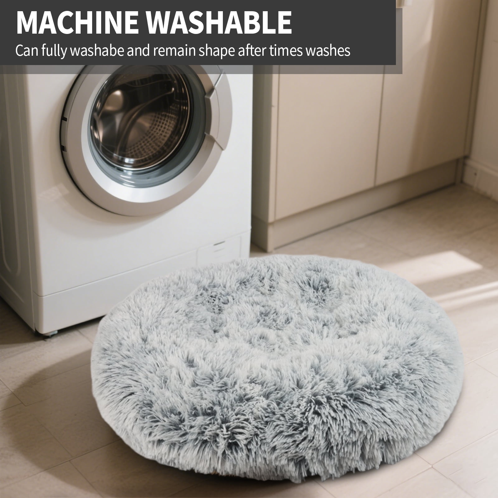 Katieovy Dog Bed for Large Dogs,Fluffy Calming Donut Dog Beds,28 inch Washable Plush Round Dog Mat with Non-Slip Bottom,Dark Gray