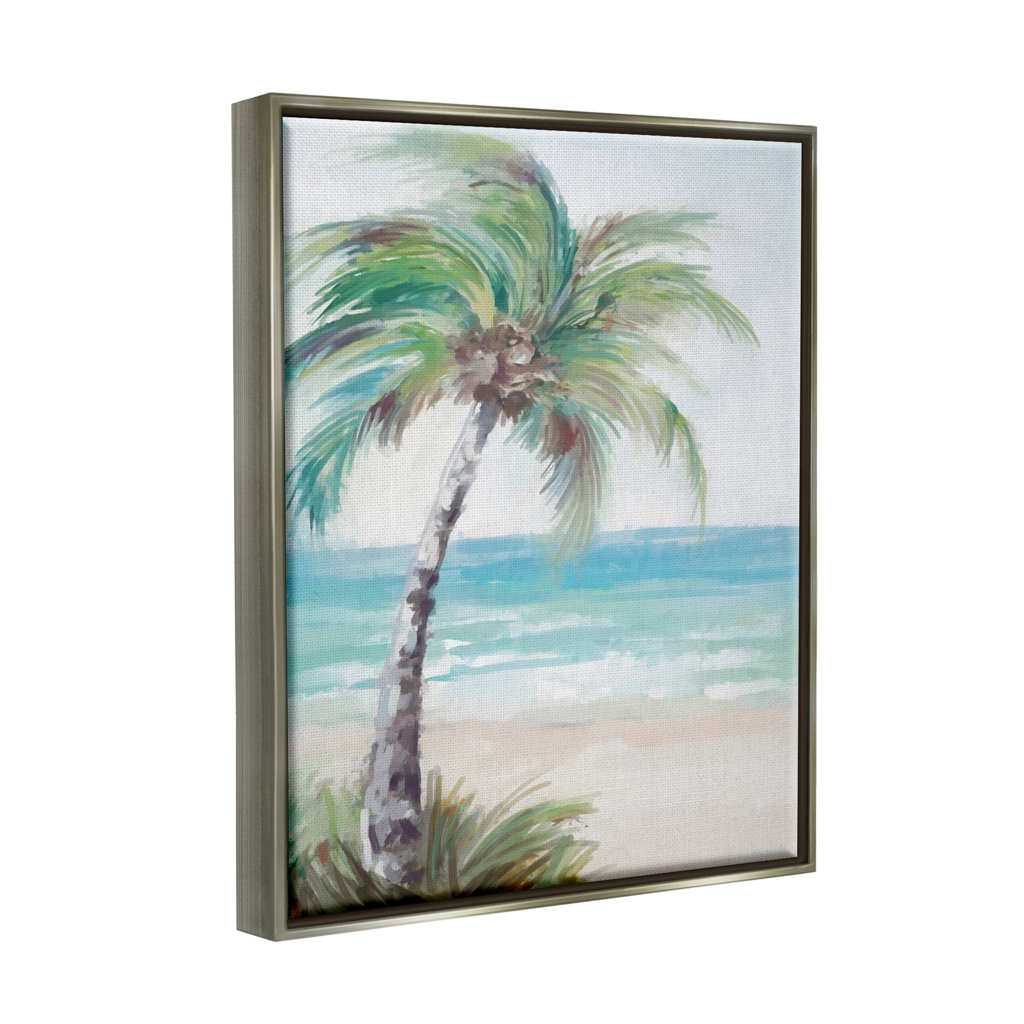 Stupell Industries Soft Palm Tree on Beach Landscape Painting Gray Floater Framed Canvas Art Print Wall Art, 17 x 21