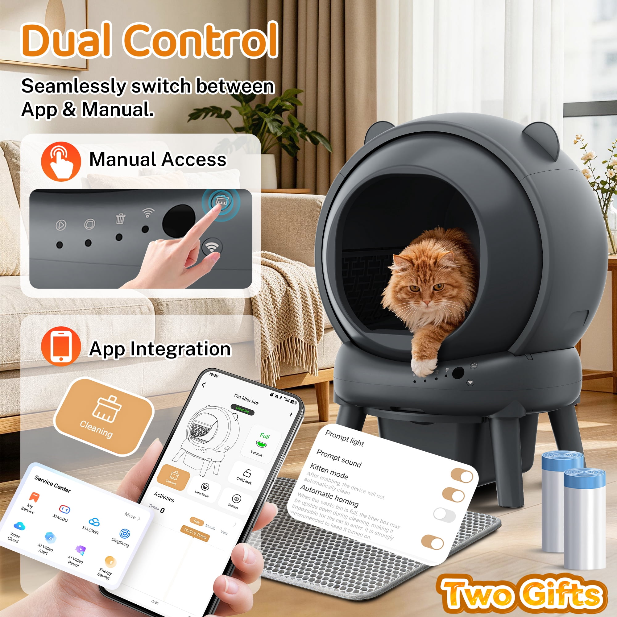 Famistar Automatic Cat Litter Box Self Cleaning, 100+15L Large Size Litter Box, 2.4G WiFi APP Control, Odor Removal, Safety Protection with Litter Mat & Liner