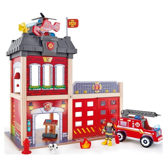 Hape City Red Fire Station Dollhouse Wood Playset, 13 Pieces, Light & Sound, Product Height 18.82 in, Gift Idea for Toddlers & Kids Ages 3