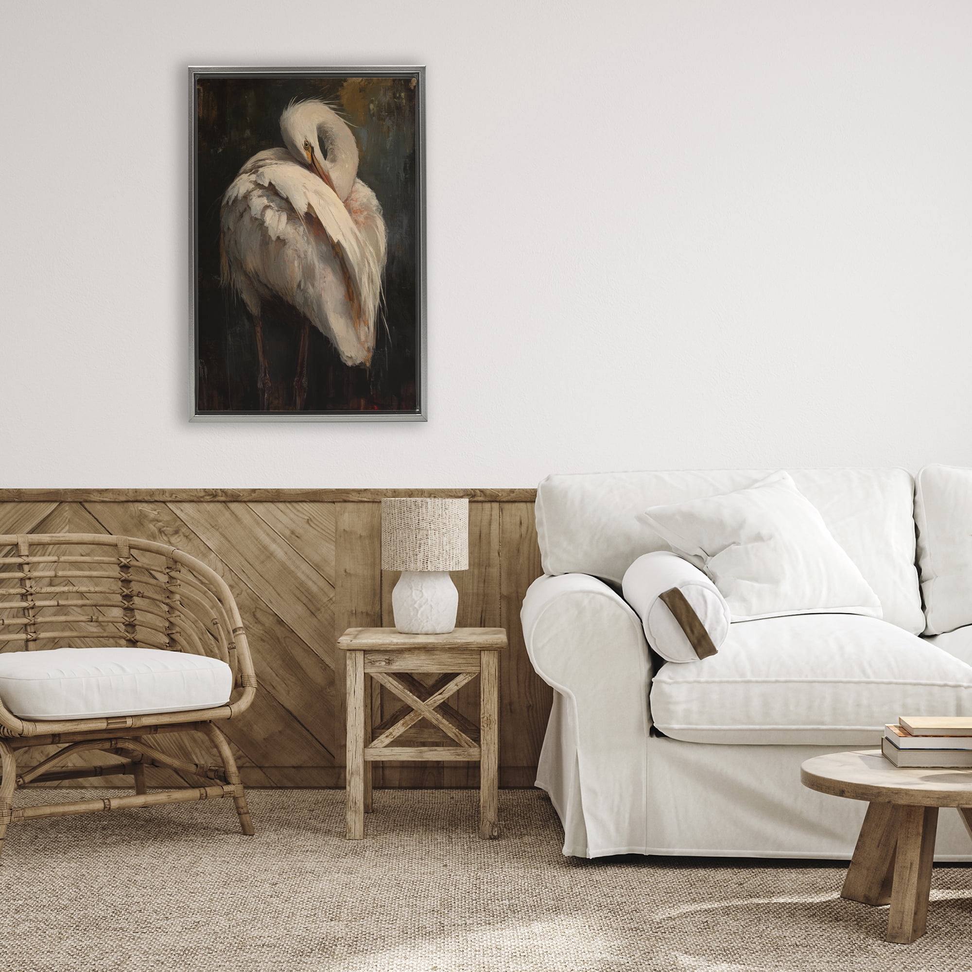 Stupell Industries Sleeping Egret in Golden Light Gray Framed Floater Canvas Wall Art, design by Petal Prints Design