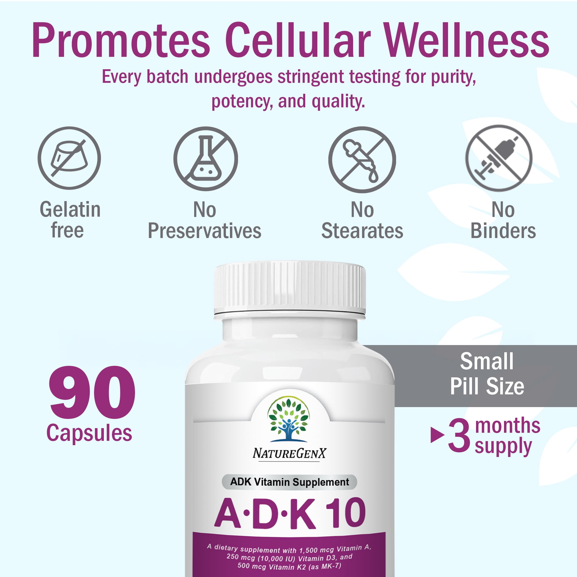NatureGenX ADK Vitamin Supplement - High Potency Vitamin A 1500 mcg, D3 10000 IU & K2 500 mcg - Bone, Heart & Immune Support - 90 Vegetarian Capsules