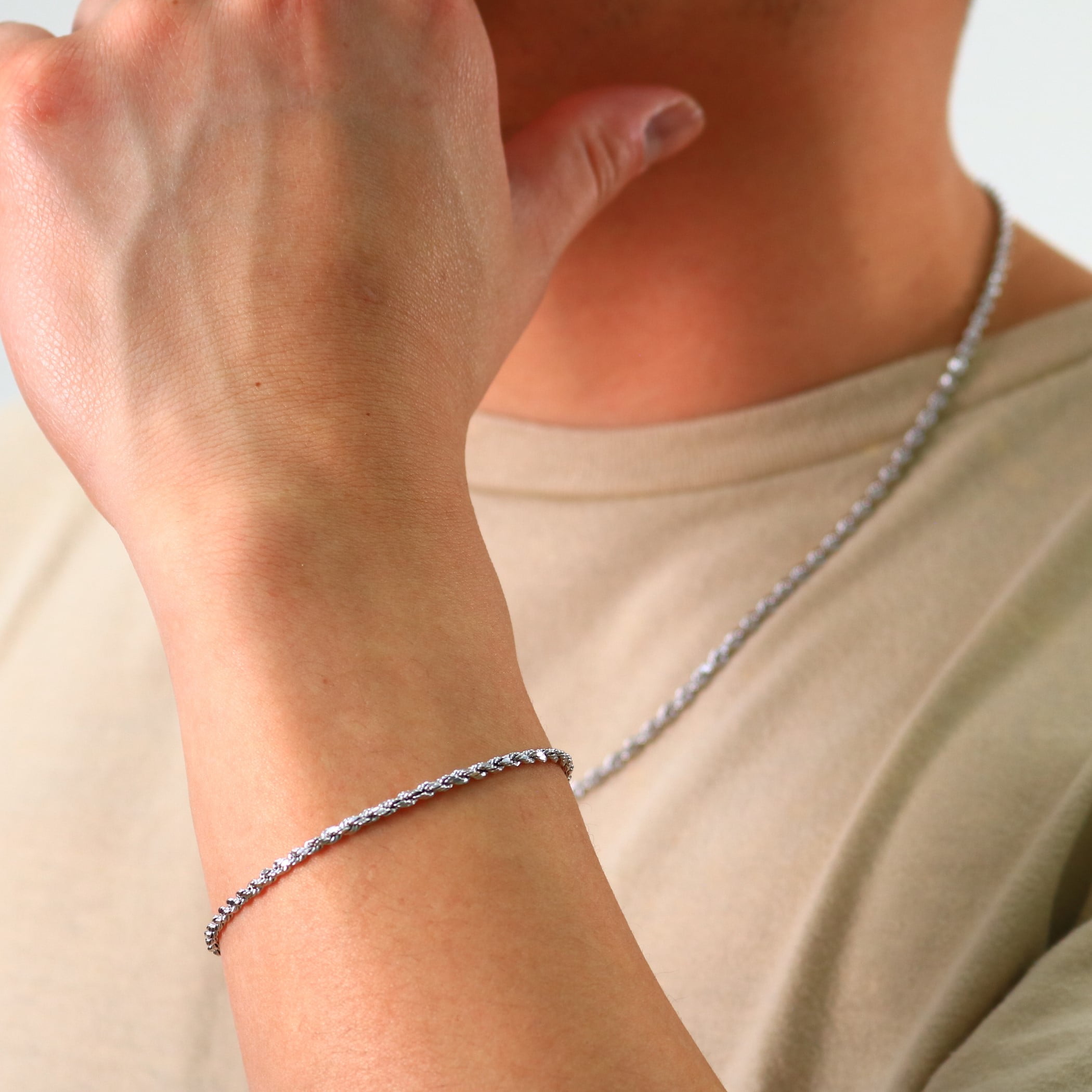 Nuragold 10k White Gold 2.5mm Rope Chain Diamond Cut Bracelet or Anklet (7"-9") Italian Jewelry for Men & Women