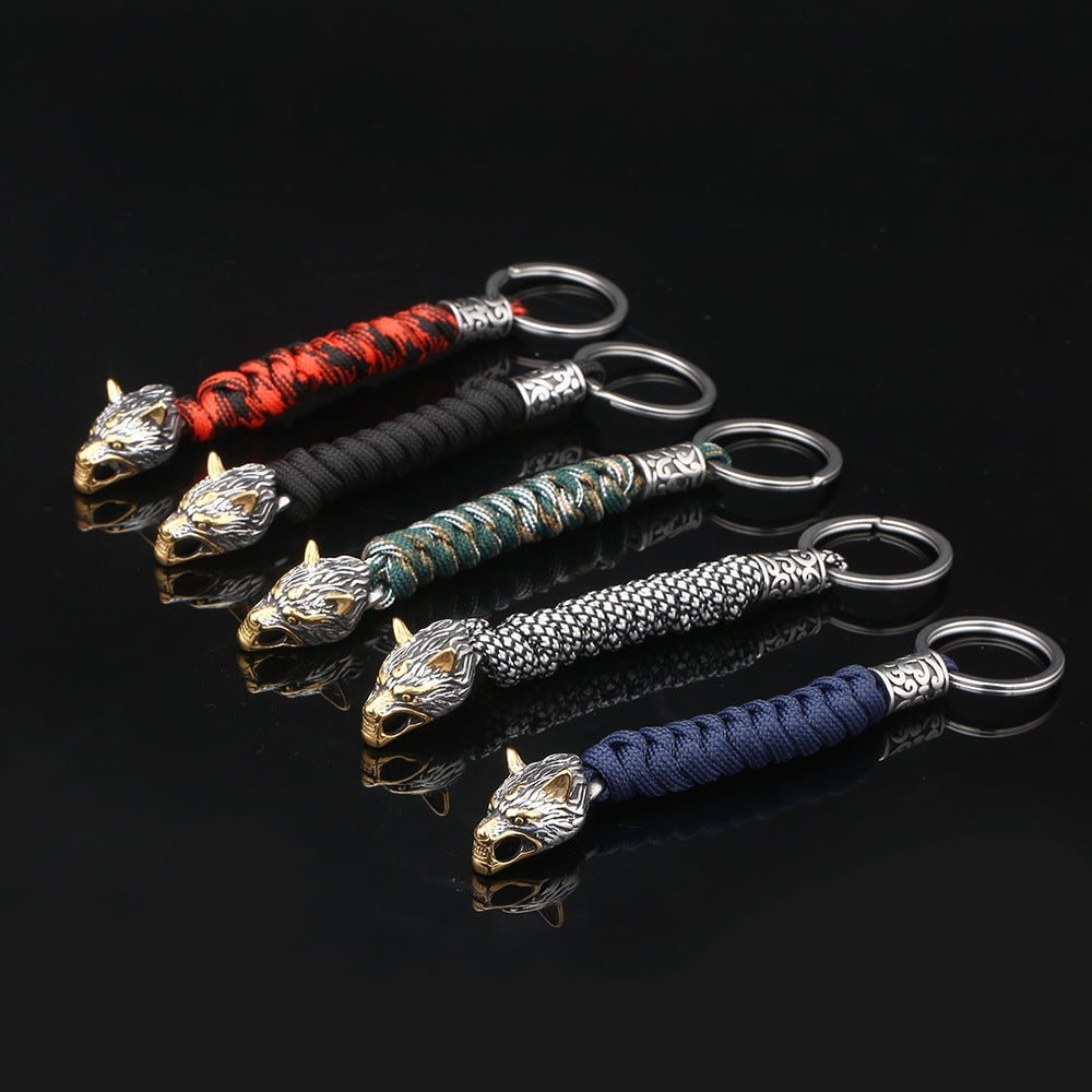 Paracord Key Ring with Wolf Head and Beads Durable Rope Weaving Keychain Stainless Steel Keyring 15cm Length Paracord