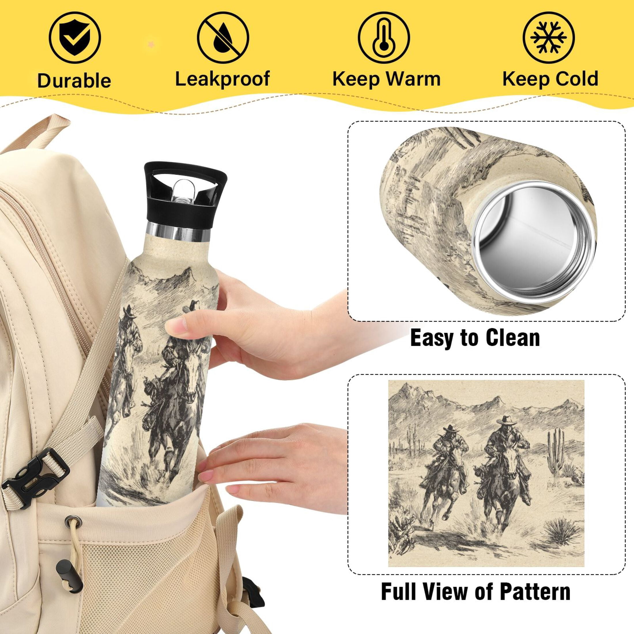 Kids Insulated Stainless Steel Sports Water Bottle 600ml Vintage Cowboy Illustration