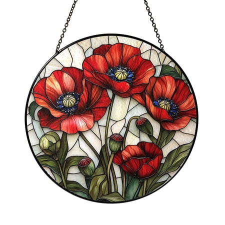 Poppies Flower Stained Glass Suncatcher with Vibrant Red Floral Design Round Window Hanging Botanical Decor