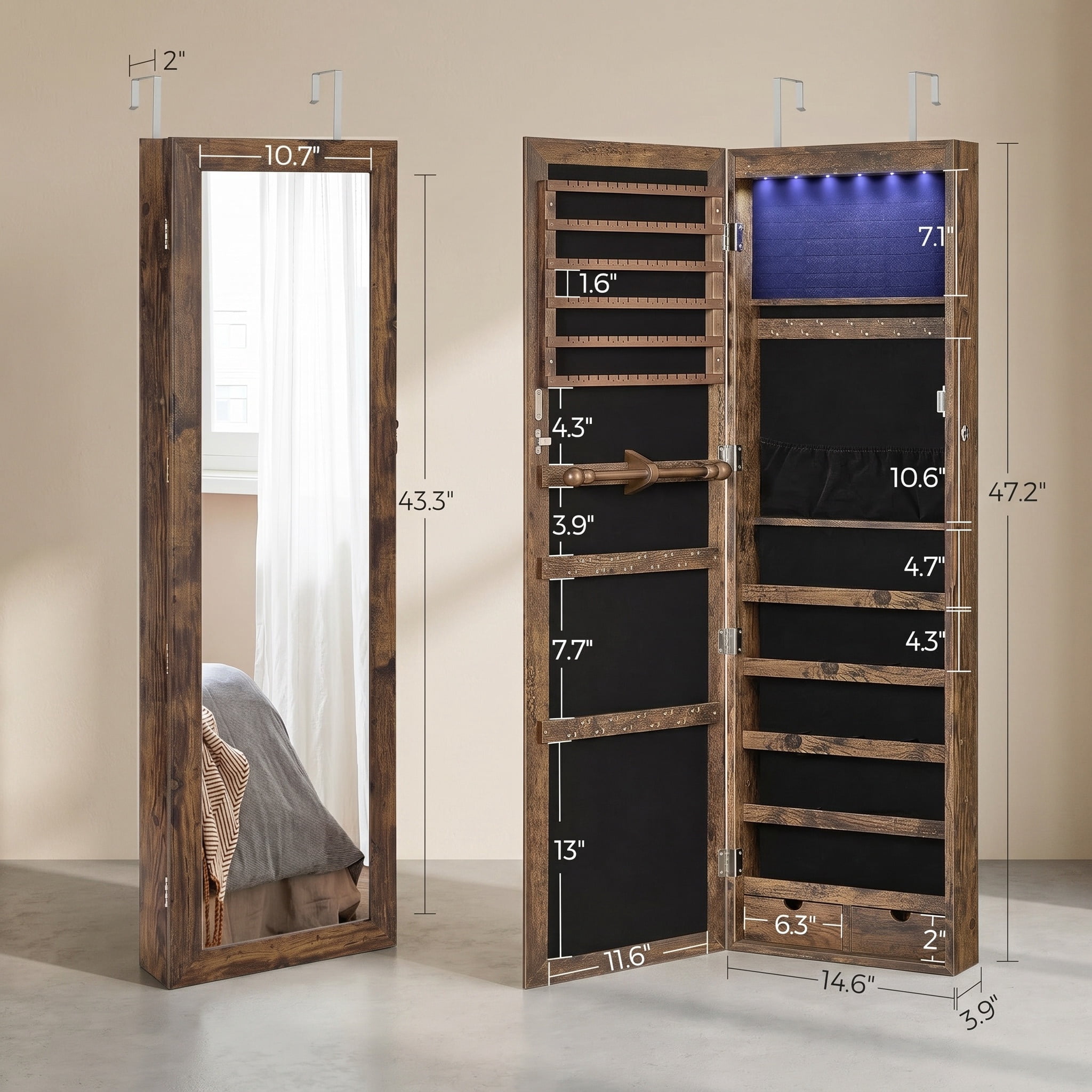47 in. H x 14.6 in. W Rustic Brown Wall or Door Mounted Jewelry Cabinet with Full-Length Mirror, 6 LEDs and Lockable Door