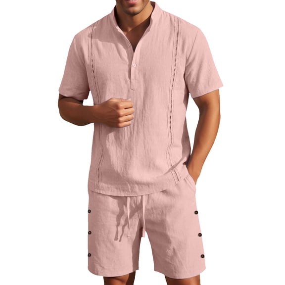 JAJAHO Mens Shorts Set Linen Short Sleeve Solid Color Stand Collar Shirt With Shorts Casual Summer Outfits Lightweight Breathable Beach Clothes Soft Outfit