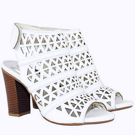 Nature Breeze Hush-03 Women's Perforated Block Heel Dressy Sandals Trendy Open Toe Mule WHITE 8.5