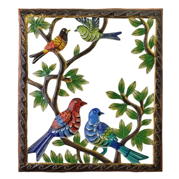 Haitian Recycled Steel Oil Drum, Metal Hanging Wall Art, 15" x 17" Painted Bird Vista