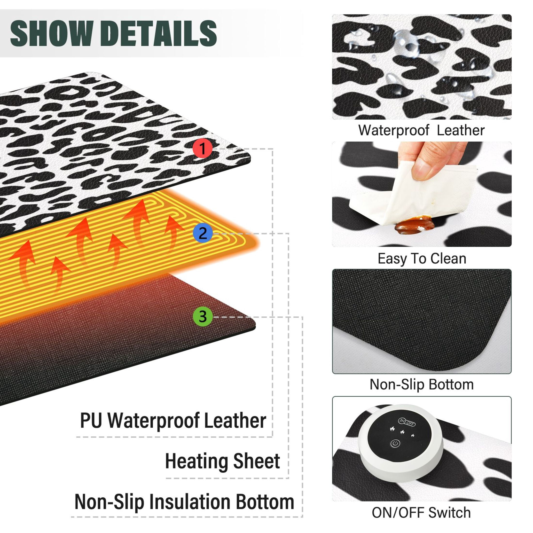 Large Heated Desk Mat Mouse Pad 31.5"x13"PU Leather Graphene Heating Desk Warmer with 3 Temperature Settings 110V US Plug Non-Slip Warm Pad for Home, Office, and Gaming Minimalist Black Leopard Print