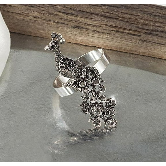 Luxurious Jeweled Silver Peacock Napkin Rings, Set of 4