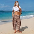 thumbnail image 6 of Plaid Barrel Pants for Women Summer 2026 Casual Loose Wide Leg Lounge Trousers Striped Capri with Pockets Light Brown L, 6 of 7