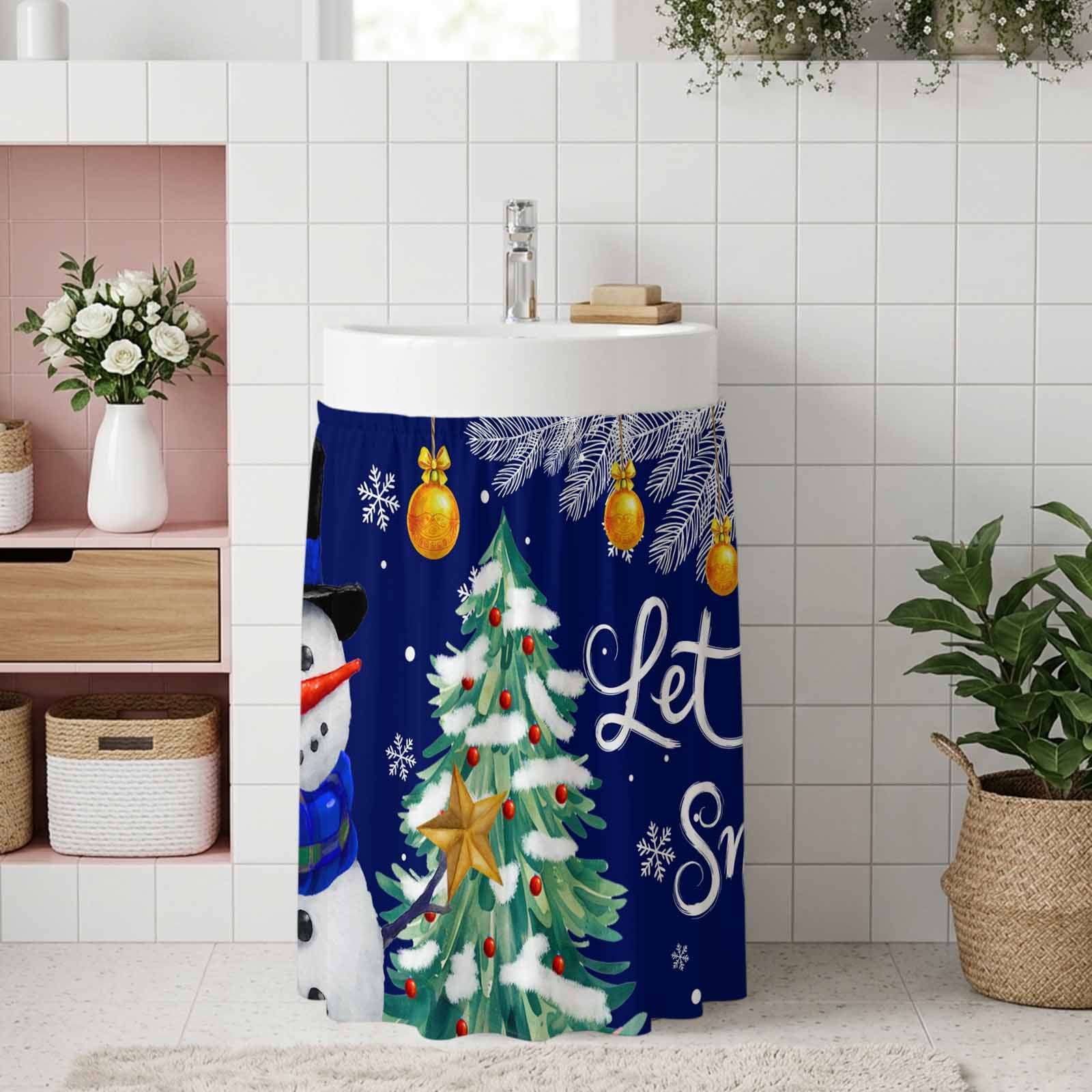 Navy Blue Snowman Christmas Small Cabinet Curtains 10 W x 11 L Xmas Tree Ball Winter Snowflake Sink Skirt Dust-Proof Short Curtain for Bathroom Vanity Storage Cubby Self Adhesive Privacy Drapes