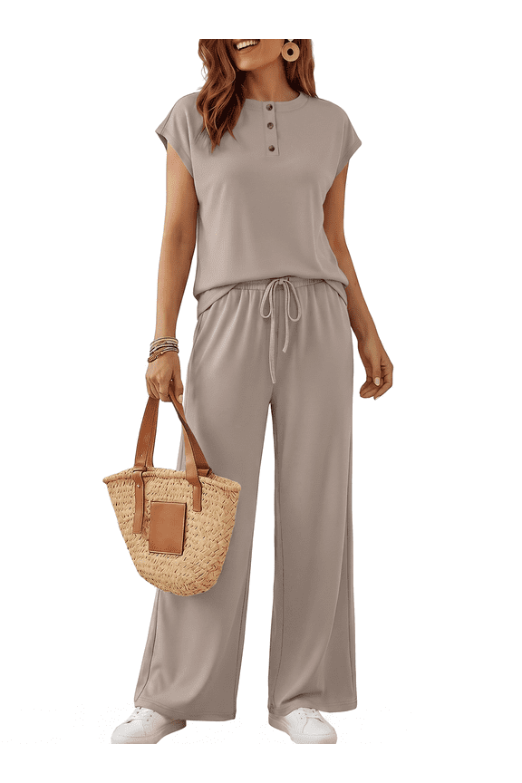 Lounge Sets for Women 2 Piece Outfits Sweat Suit Casual Cap Henley Sleeve Summer Airport Travel Matching Vacation