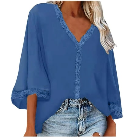 

Moxiu Women Summer Loose Long Sleeve Shirt Lace V-Neck Trumpet Sleeve Pullover Solid Color Casual Tops Blouse Fashion Cute Comfy Tunic Pullover Sweatshirt Blouse Top